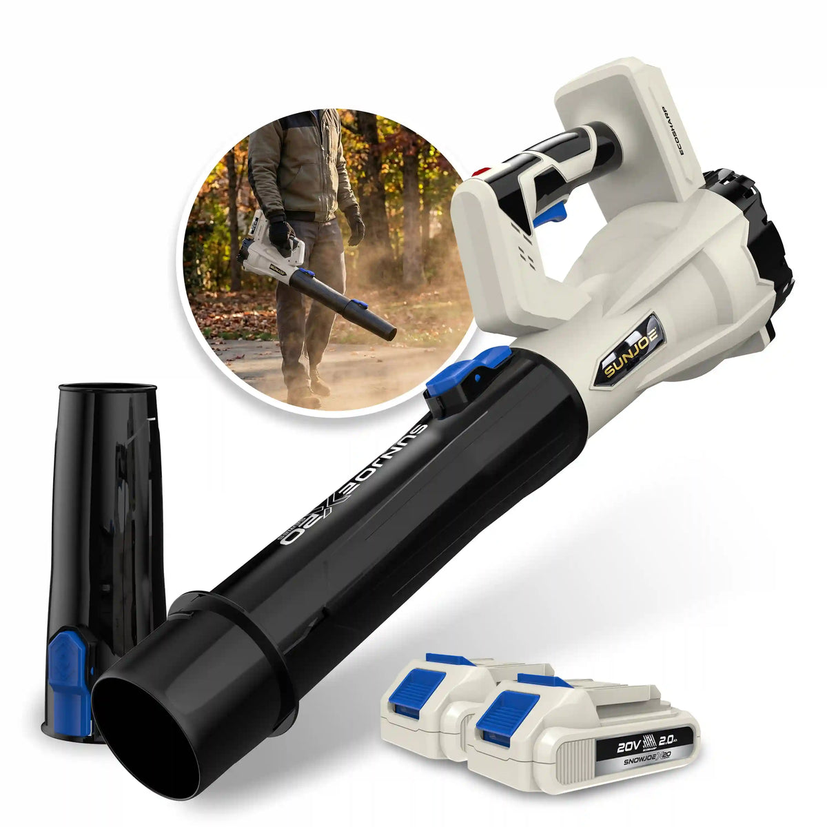 Sun Joe 20-Volt ECOSHARP Cordless X20 Compact Multi-Purpose Blower | 400 CFM | W/ 2 x 2000 mAh Batteries (2.0-Amp) + Charger