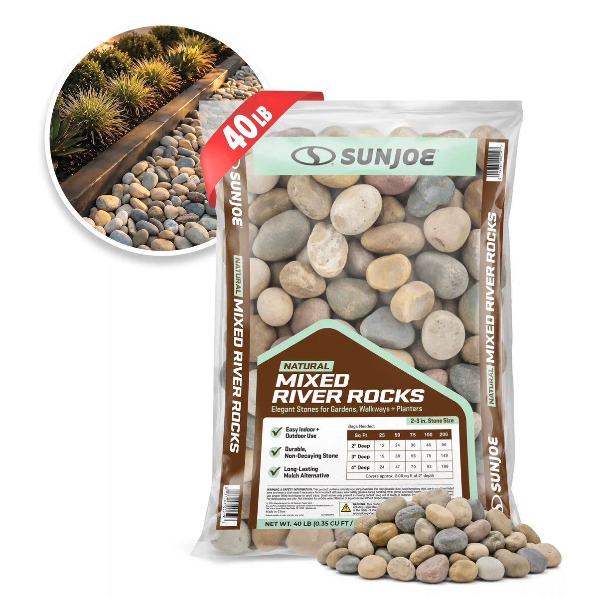 Sun Joe Natural Mixed Decorative River Rocks | 2-3 In. Stone Size | 40-Lb. Bag