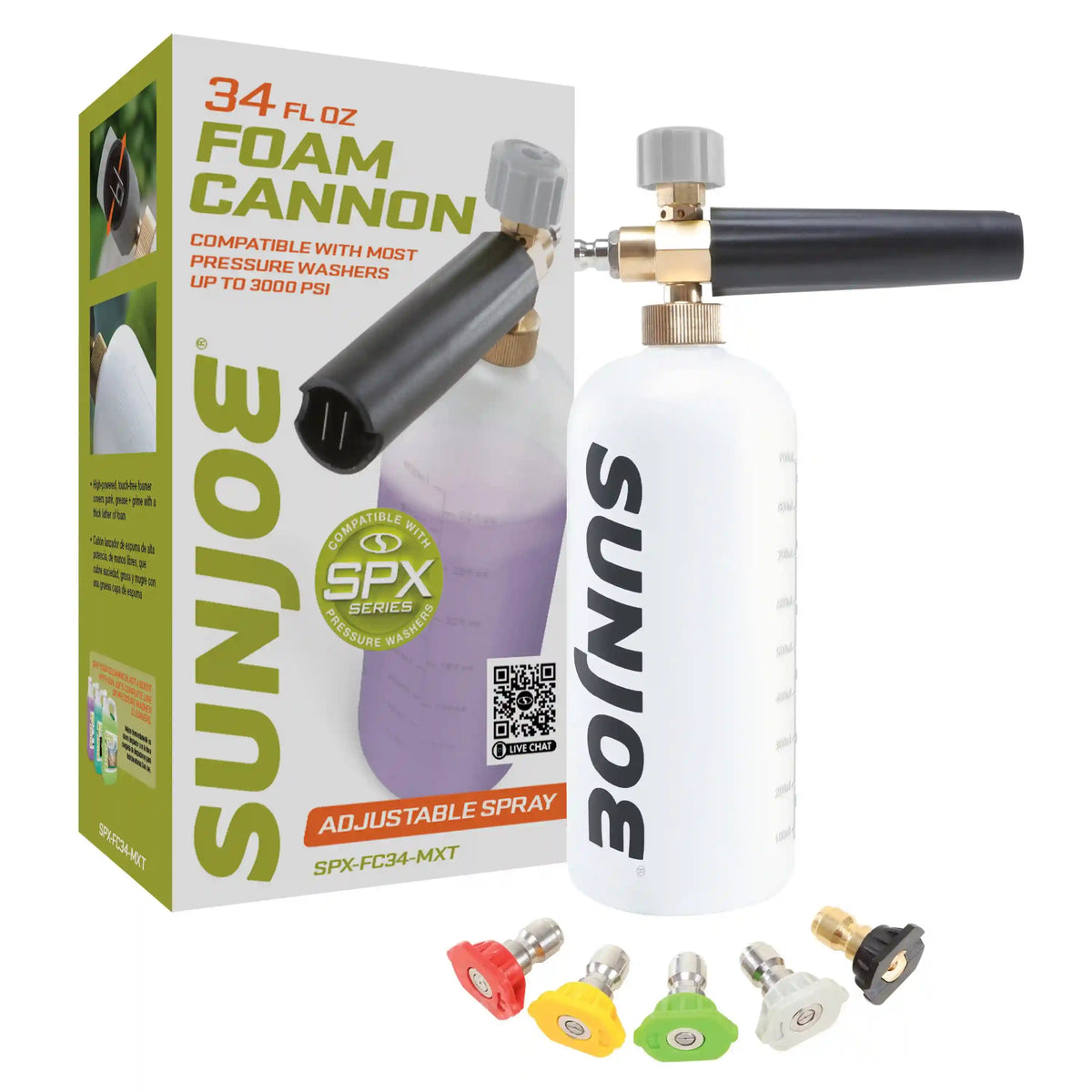 Sun Joe Foam Cannon for SPX Series Electric Pressure Washers 34 Oz. | 1/4" Quick Connector | 5 Quick Connect Nozzle Tips