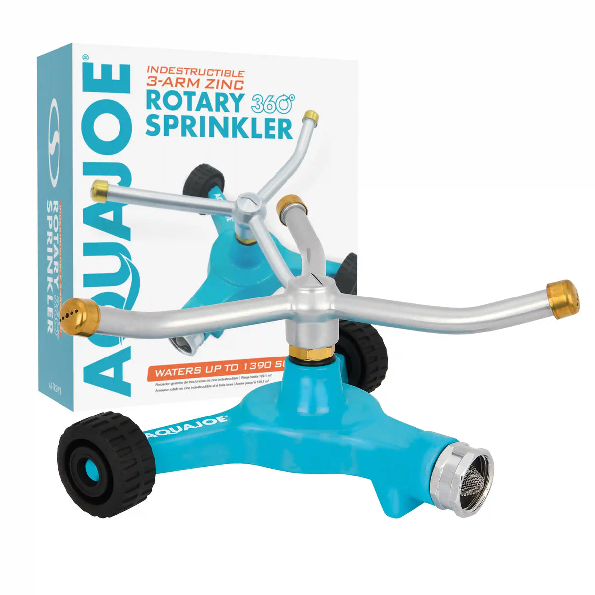 Aqua Joe AJ-TRSWB Indestructible 3-Arm Zinc Rotary 360° Sprinkler | Wheeled Base | 1,390 Sq. Ft. Max Coverage