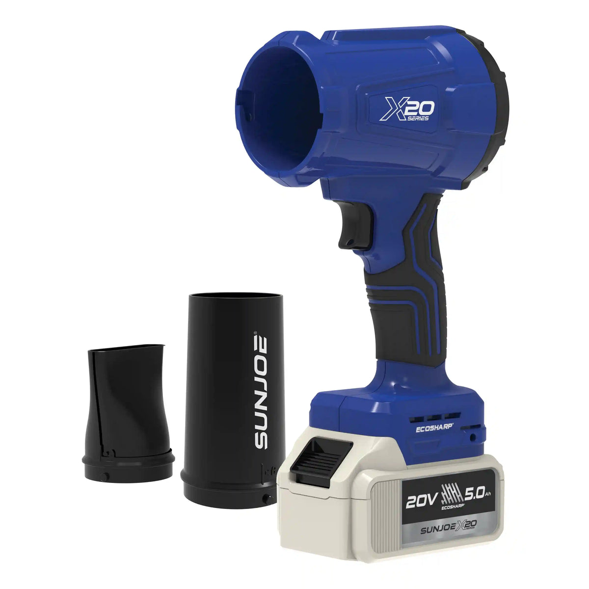 Sun Joe 20-Volt ECOSHARP Cordless X20 Handheld Turbo Blower | 2 Nozzles| 5.0-Ah Battery + Charger
