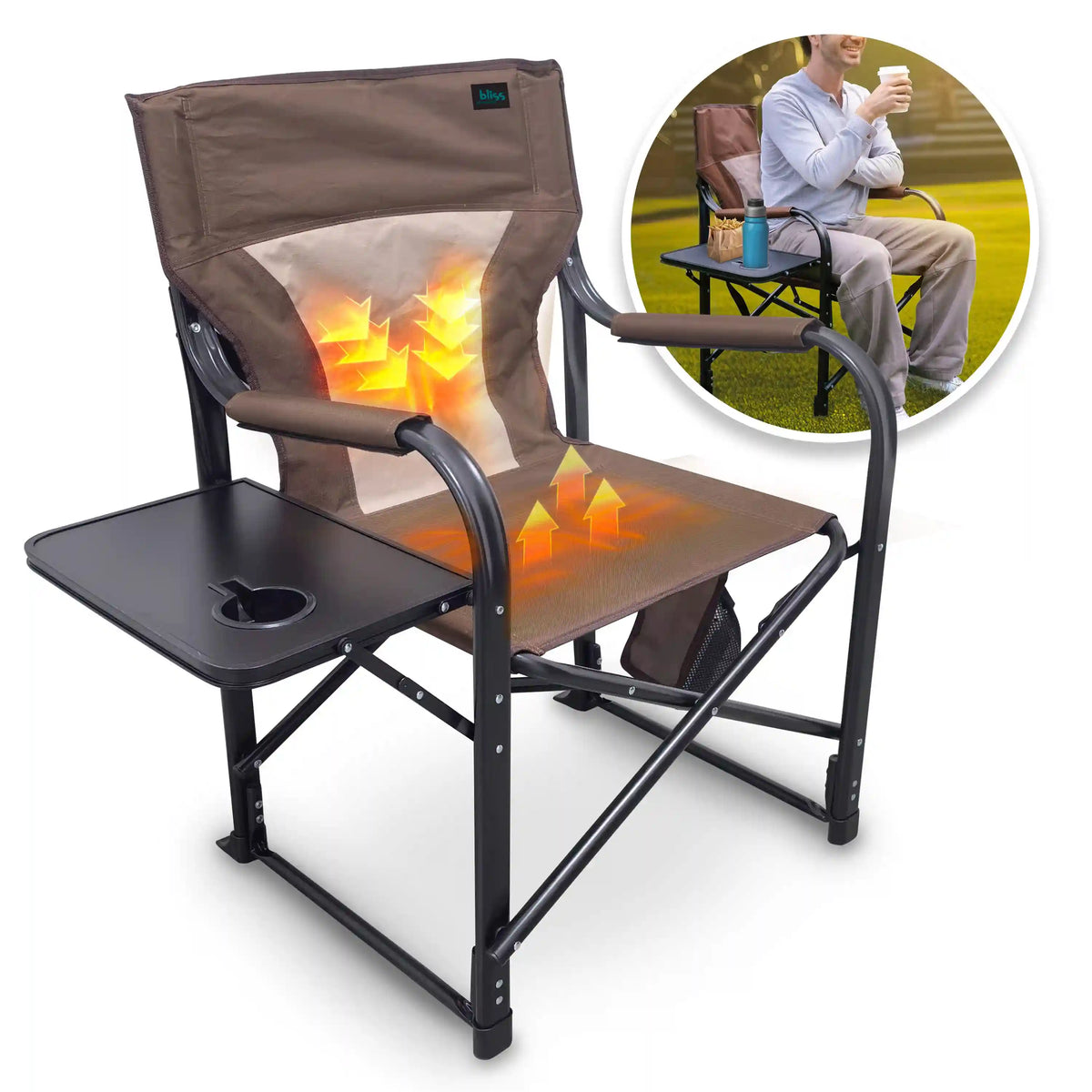 Bliss Hammocks 24-Volt Heated Directors Seat | 21-in Wide | 3 Temp Settings | 2.0-Ah Battery + Charger (Brown)