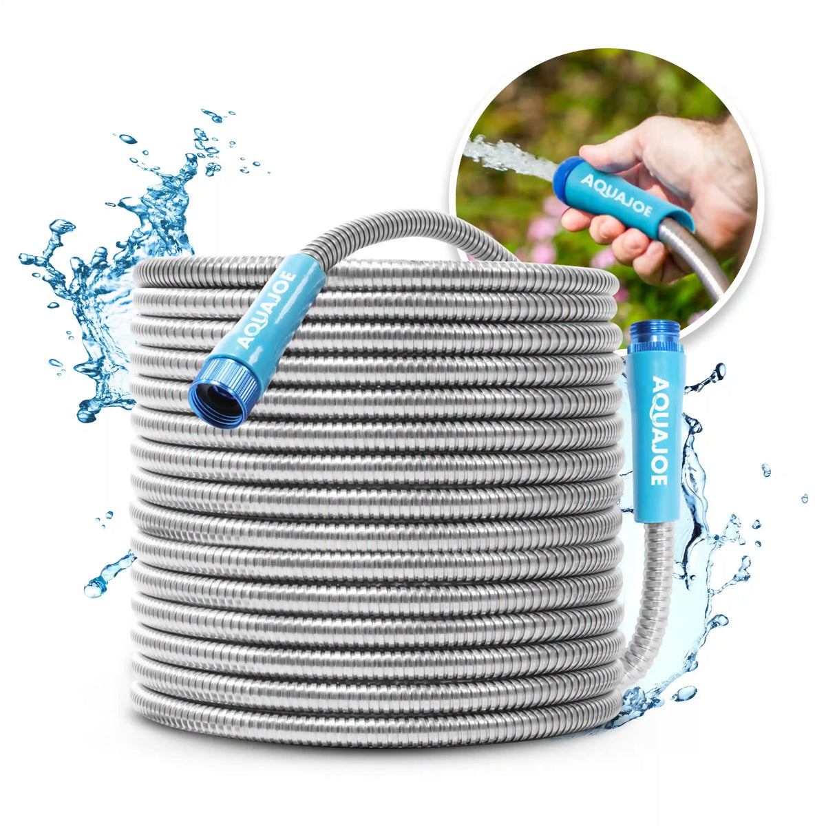 Aqua Joe Heavy-Duty Puncture Proof Metal Garden Hose | 100-Foot | 304-Stainless Steel | Spiral Constructed | 1/2-Inch Diameter