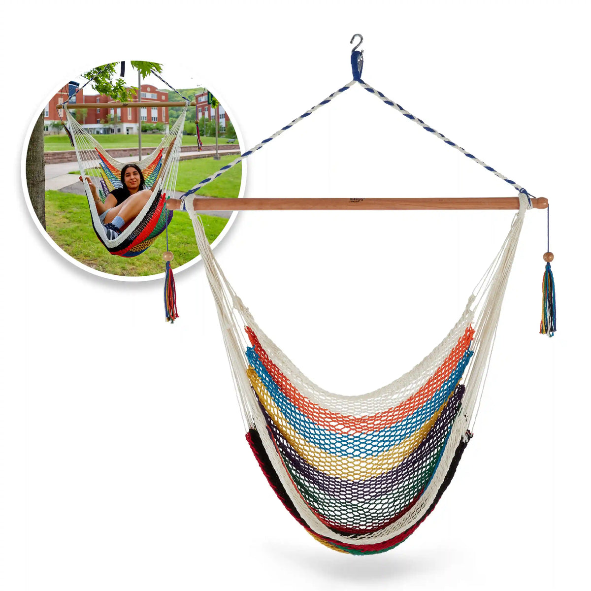 Bliss Hammocks BHC-412 Island Rope Hammock Chair W/ Spreader Bar & Hanging Hardware | 40-in. Wide | 265 Lb. Capacity (Multi-Color)