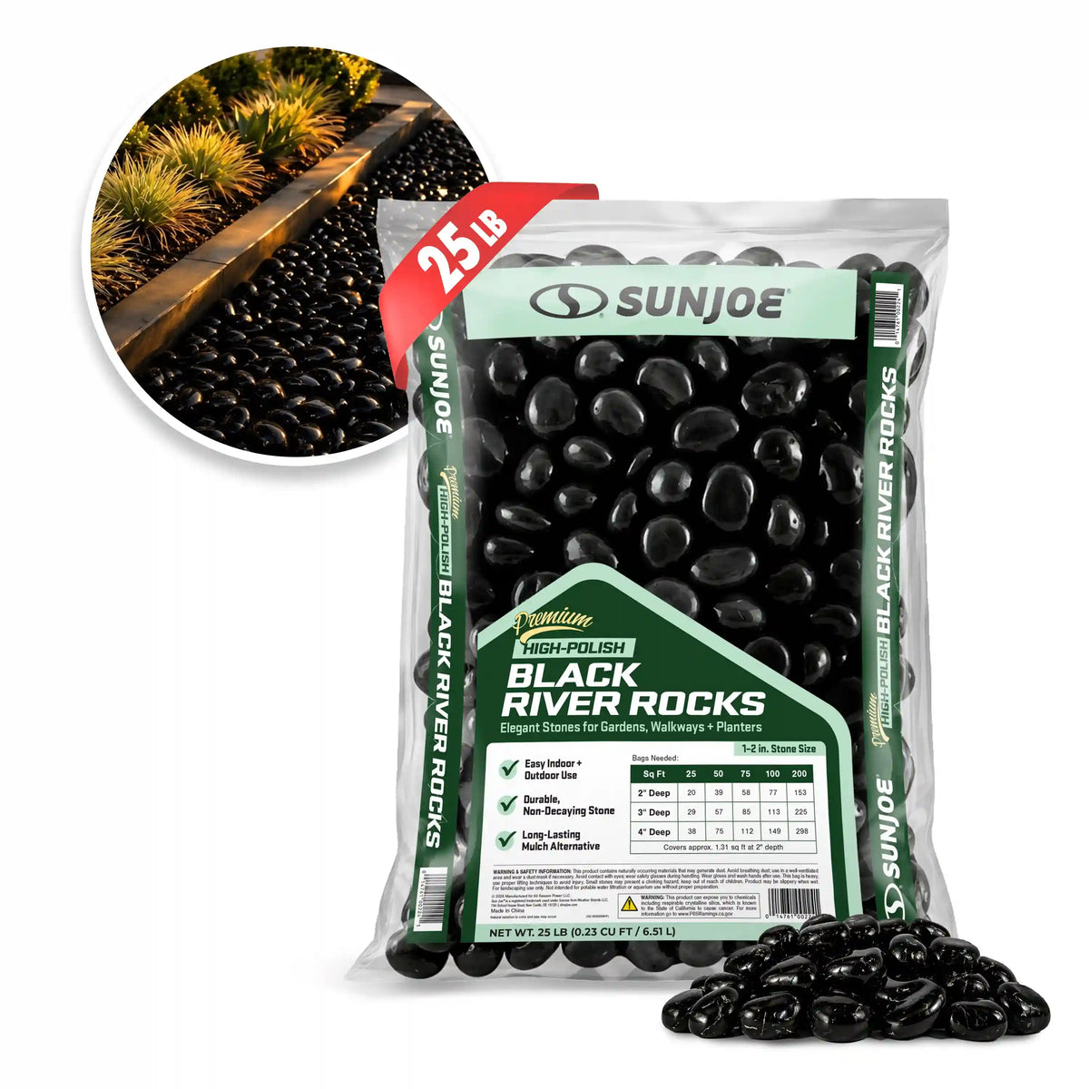 Sun Joe Premium High-polish Black Decorative River Rocks | 1-2 In. Stone Size | 25-Lb. Bag