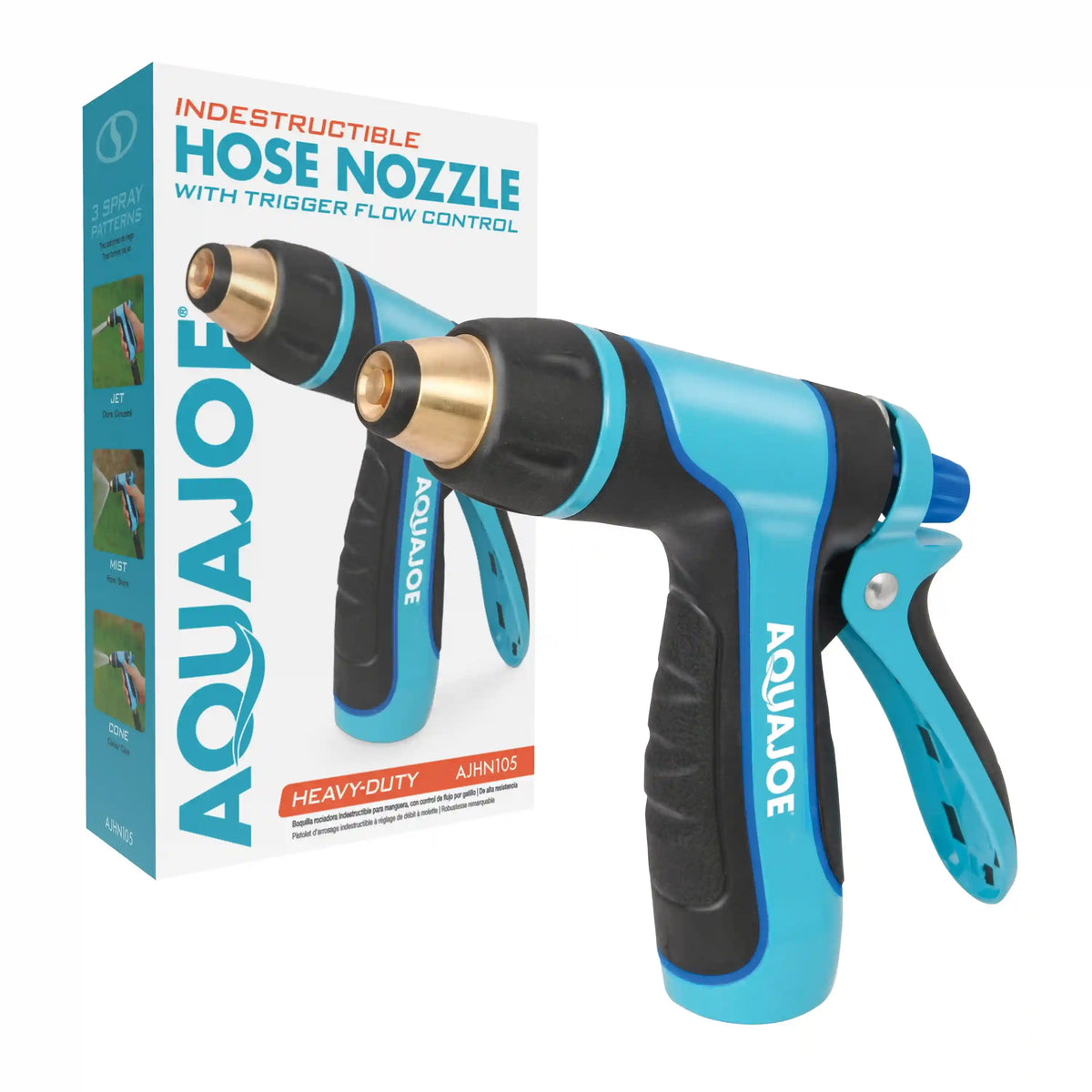 Aqua Joe Indestructible Multi-Function Adjustable Hose Nozzle | Trigger Flow Control | 3 Selectable Settings
